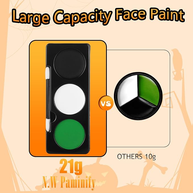 Green Witch Makeup Kit,Black White Green Face Paint + 3PC Sponge + Brush,Hulk Hunting 3 Colors Body Paint Palette,Safe Halloween Set for Kids,Eye Black for Baseball/Softball/Football,21g