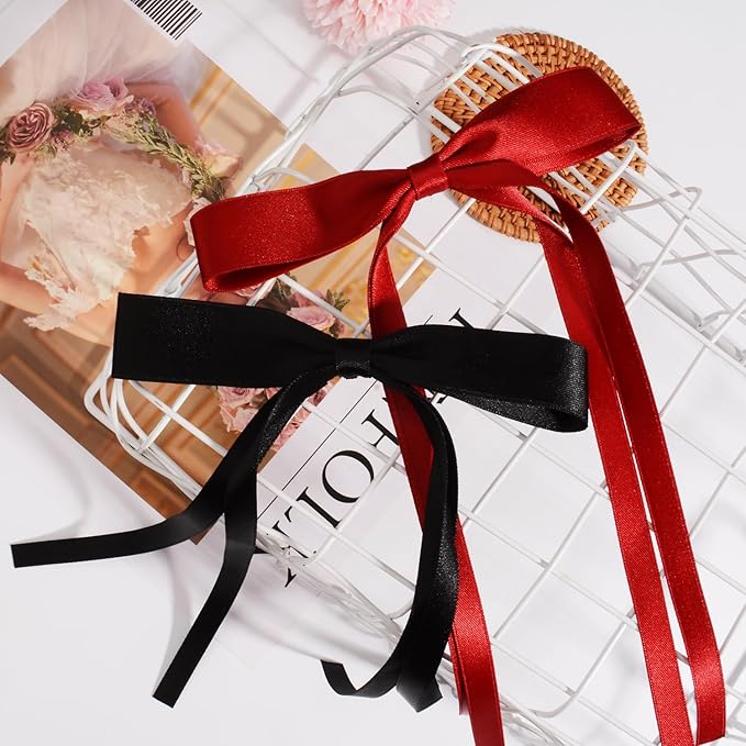 4 PCS Tassel Ribbon Bowknot Hair Clips With Long Tail for Women Girl Teens Kids, Solid Holder Fashion Bow Bowknot Hair Accessories Headwear Barrettes Claw(Black&Red)