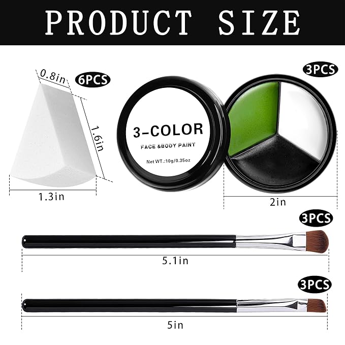 EBaokuup 3 Set Black White Green Face body Paint,3 Colors Witch Makeup Kit with Sponge and Brush,Halloween Formula Face Paint for Party Special Effect Makeup Cosplay Costume