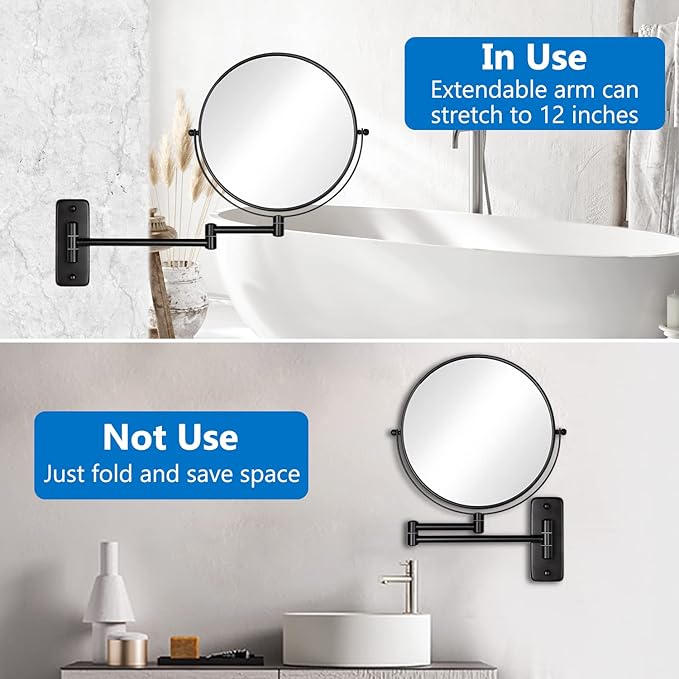 DECLUTTR 9 Inch Large Wall Mounted Makeup Mirror, 1X/10X Magnifying Mirror Double-Sided, 360° Swivel Extendable Makeup Mirror for Bathroom, Black