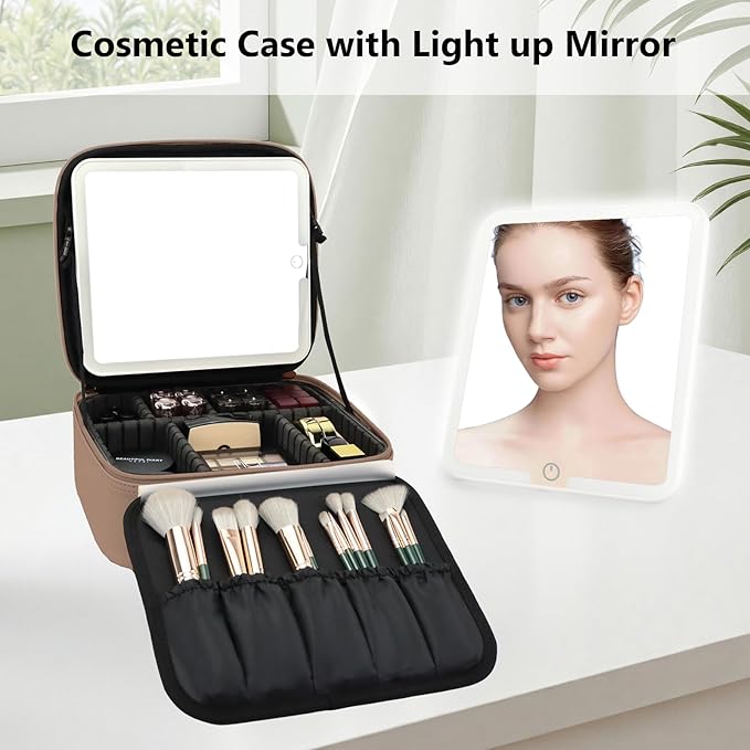 Travel Makeup Bag with LED Mirror Travel Makeup Organizer with 3 Lighted Settings, Adjustable Dividers and Makeup Brush Storage Bag Mocha