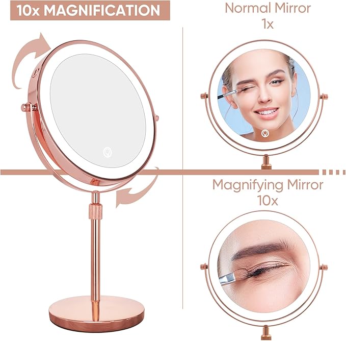 Nicesail LED Makeup Mirror 10X Magnification, 8 Inch Light Magnifying Mirror with 3 Color Light, Height Adjustable Brightness Vanity Mirror with Stand, 360 Rotation Double Sided for Make up, Rose Gold
