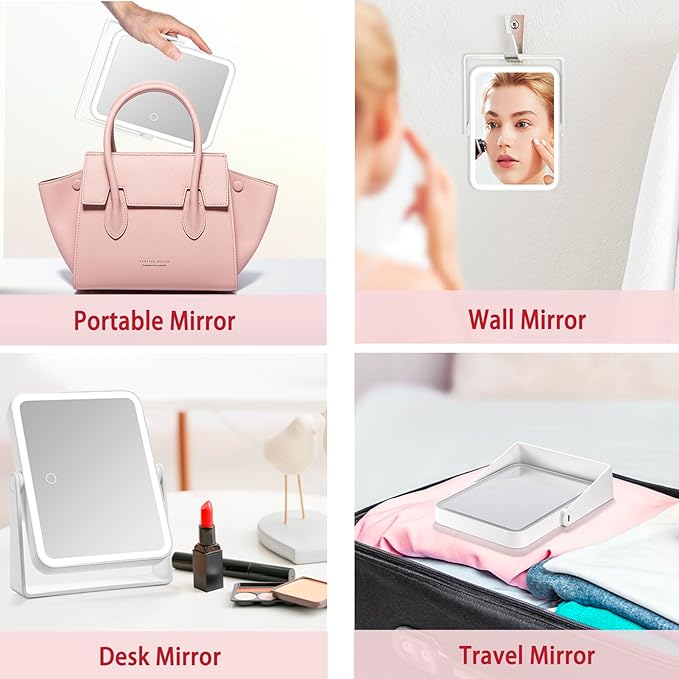 DESCHEN Rechargeable Travel Lighted Makeup Vanity Mirror with Lights and Magnification, Portable 10X/1X Magnifying Led Desk Mirror Makeup with 3 Color Light