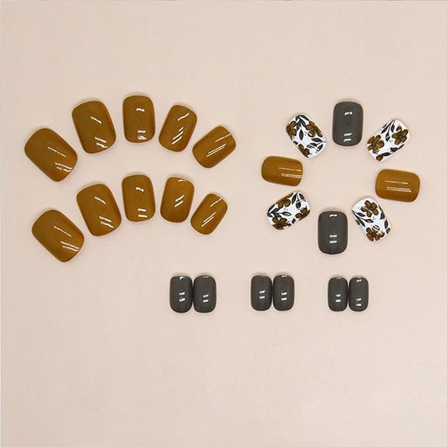 Fall Press on Nails Short Square Fake Nails with Floral Designs Yellow Nails Press ons Grey Acrylic Nails Glossy Glue on Nails Fall Flower Leaves Artificial Stick on Nails for Women Girls 24 Pcs