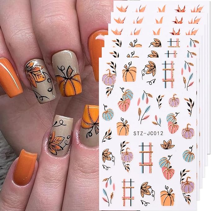 Fall Pumpkin Nail Art Stickers Decals 3D Maple Leaf Thanksgiving Day Nail Stickers Nail Art Supplies 6PCS Autumn Maple Leaves Nails Adhesive Decals Manicure Sliders for Women DIY Nail Decorations