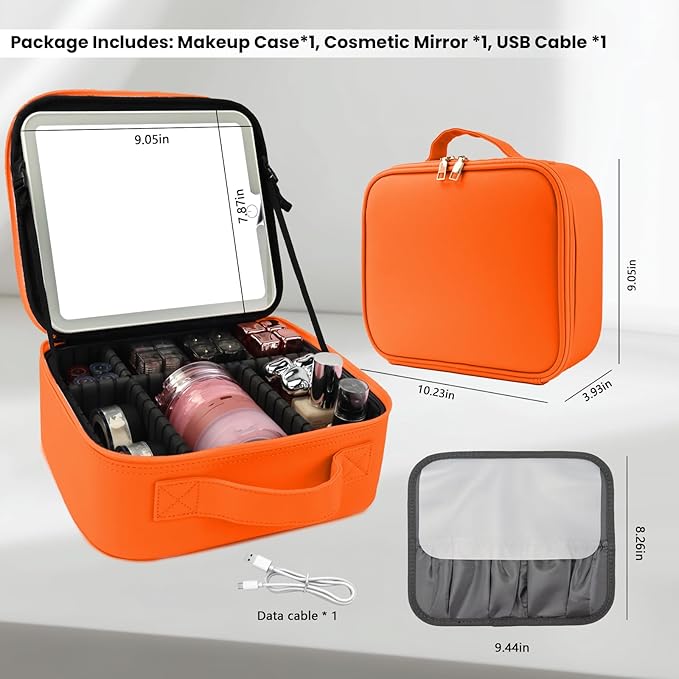 Travel Makeup Bag with LED Mirror and Light Travel Makeup Case Cosmetic Organizer Portable Cosmetic Brush Organizer Bag with Adjustable Dividers for Cosmetics Makeup Brushes Toiletry (Orange)