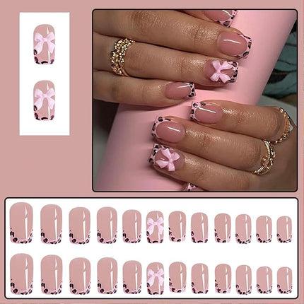 Press on Nails Medium Square Leopard French Tip Fake Nails with Bow Desings Nude Glue on Nails Glossy False Nails Press ons Acrylic Stick on Nails for Women 24 Pcs