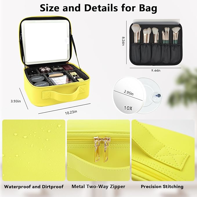 Travel Makeup Bag with LED Mirror and 10x magnifying glass with 3 Lighted Settings, Adjustable Dividers and Makeup Brush Storage Bag Yellow