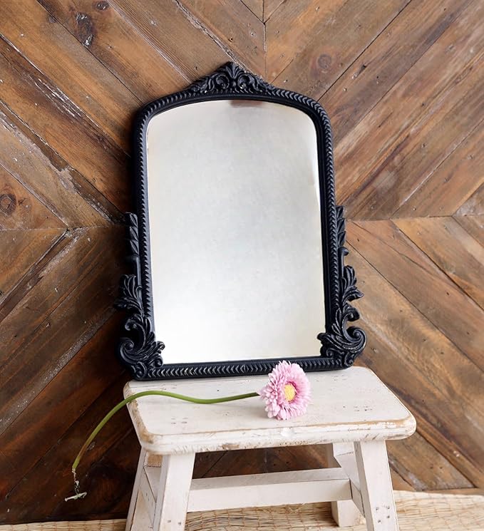 Black Vintage Arched Vanity Mirror, Baroque Tabletop Makeup Mirror, Decorative Antique Mirror for Dresser, Bedroom, Living Room, 11.8" x 9.6"