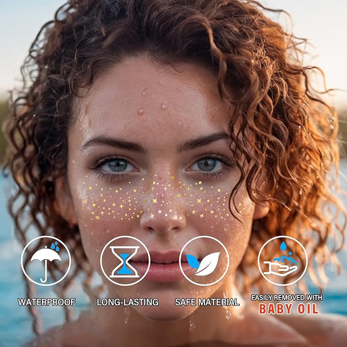 20 Pcs Gold Face Makeup Patches, Glitter Freckles Face Tattoo Gold Makeup, Glitter Freckles, Sparkle Makeup Patches, Waterproof Face Glitter Freckles Patches for Women