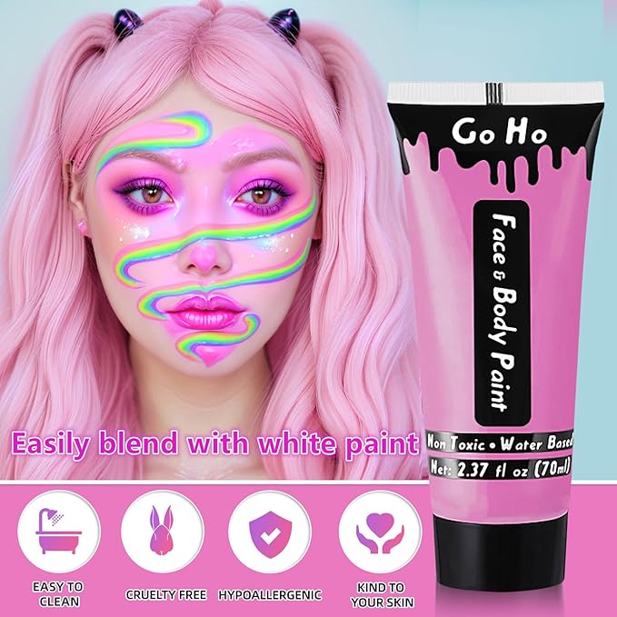Go Ho Pink Face Body Paint Washable(2.37oz/pc),Water Based Cream Non-Toxic Full Pink Body Paint for SFX Cosplay Costumes Festivals Halloween Makeup