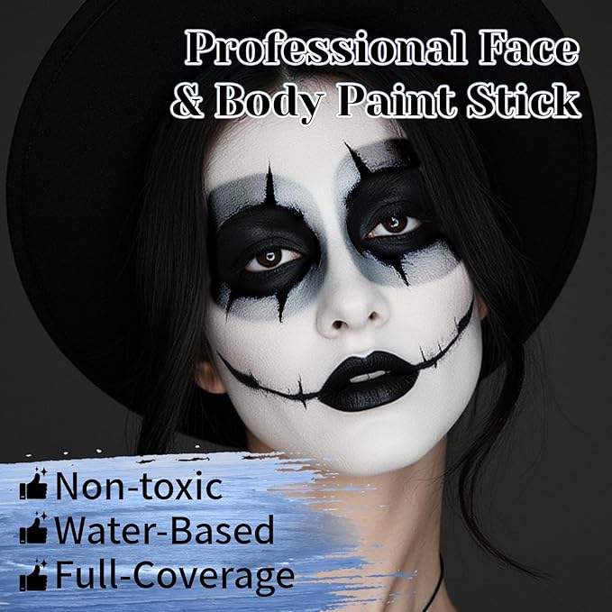 Black White Grey Face Body Paint Stick Set with Translucent Setting Powder and 3 Sponges, Professional Full Coverage Face Painting for Adults Halloween Cosplay SFX Skeleton Monster Makeup