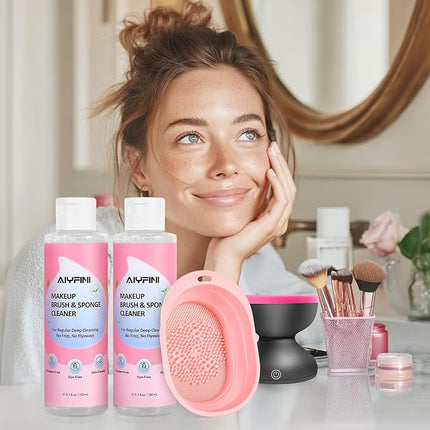 Alyfini Makeup Brush Cleaner Solution + Scrub Basin Combo, Removes Tough Stain on Make Up Brushes Set/Sponge/Puffs, Deep Clean Inner Bristles from Waterproof Foundation/Concealer, 10.2 Fl Oz/300 ml