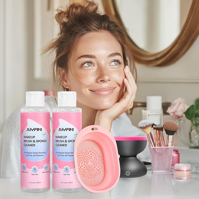 Alyfini Makeup Brush Cleaner Solution + Scrub Basin Combo, Removes Tough Stain on Make Up Brushes Set/Sponge/Puffs, Deep Clean Inner Bristles from Waterproof Foundation/Concealer, 10.2 Fl Oz/300 ml