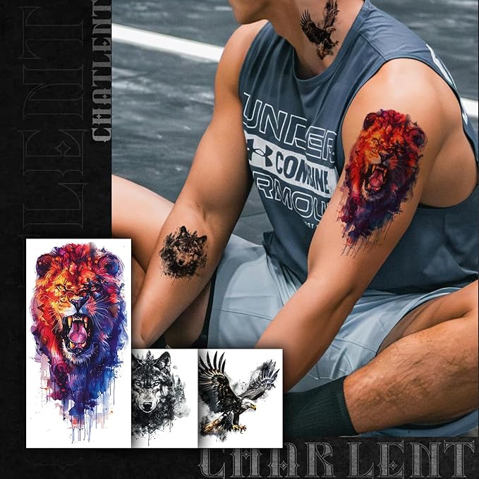 25 Sheets Beast Temporary Tattoos for Men Adult - 12 Sheets Sleeve Arm Watercolor Lion Wolf Fake Tattoos,13 Sheets Tiger Eagle Tattoos For Men
