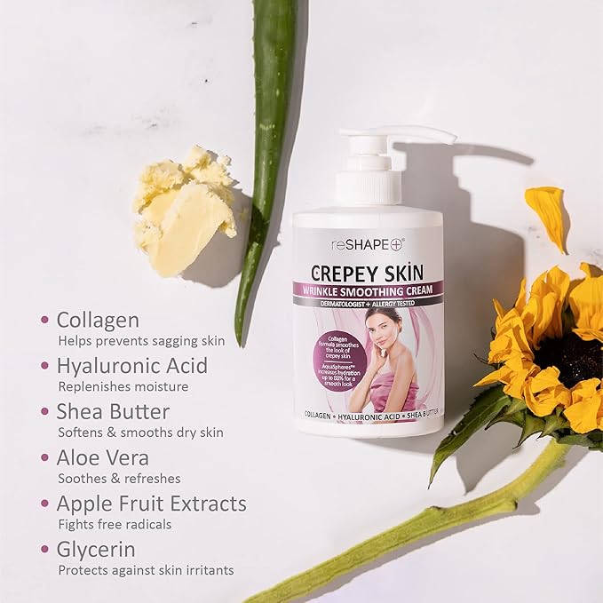 Reshape+ Crepey Skin Treatment Cream Wrinkle Smoothing Lotion Anti Aging Skin Care Moisturizer For Face, Arms, Neck, & Body W/Collagen & Hyaluronic Acid To Plump Sagging Skin, 15 Fl Oz (Pack of 2)