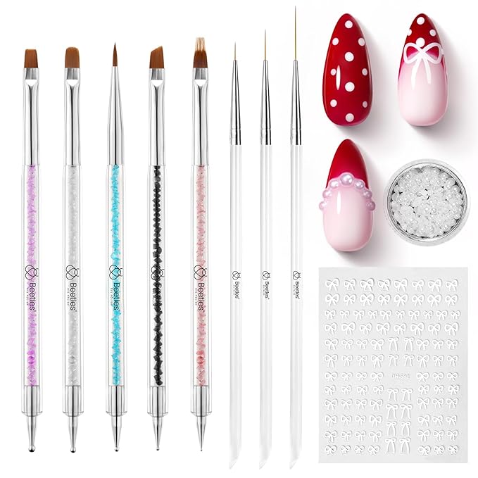 Beetles Nail Art Brushes 8pcs – Crystal Nail Art Tools 5pcs Double-headed Nails Dotting Tool, 3pcs Striping Liner Brushes for Nails with Pearls Bowknot Stickers, DIY Home Salon Manicure Design Tools