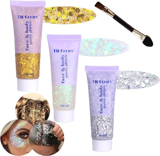 Body Glitter Face Glitter Gel: Singer Concerts Disco Festival Rave Accessories Face Glitter Makeup 150ml Chunky Sequins Mermaid Face Body Hair Glitter Gel (White&Silver&Gold)