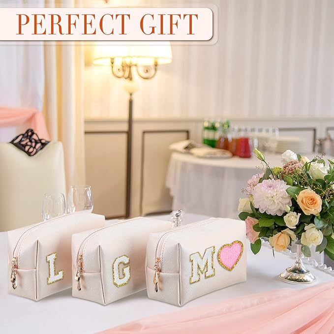 Sanwuta 9 Pcs Makeup Bags Bulk PU Double Zippers Cosmetic Bag Makeup Toiletry Pouch Portable Travel Organizers Case for Women Bachelorette Party End of The Year Bridesmaid Gift(Ivory White)