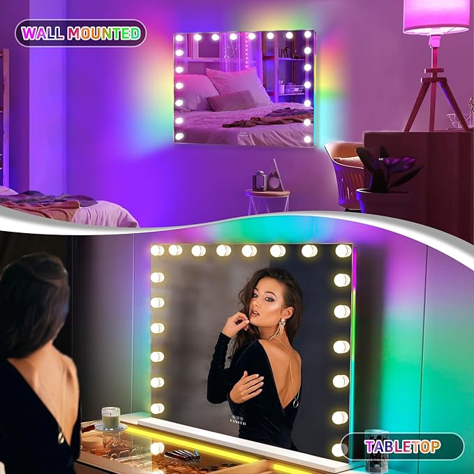 VANITII Large Vanity Mirror with 20 Bulbs Lights 40"x32" RGB Backlit Hollywood Makeup Mirror with Dimmable 3 Lighting Modes Lighted Desktop Wall-Mount Mirror with Smart Touch