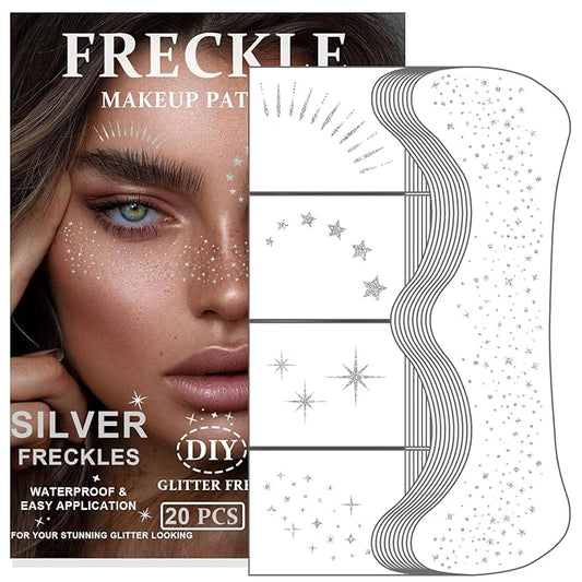 20PCS Glitter Freckles, Glitter Freckles Face Tattoo, Sparkle Freckles for Women and Kids, Cute Star Waterproof Silver Temporary Face Tattoos Glitter Glow Up Patches Makeup Patches (Silver)