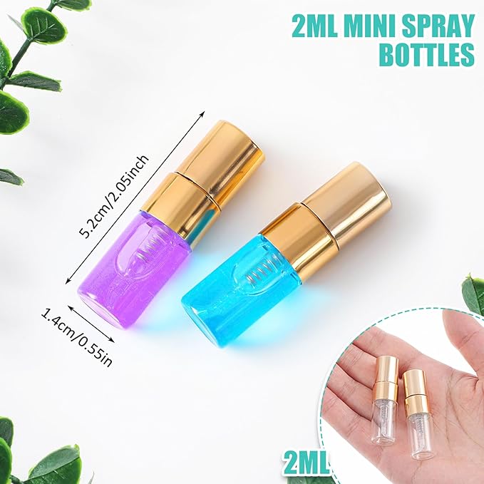 Zhehao 50 Pcs Mini Spray Bottles 2 ml Clear Glass Perfume Bottles Refillable Fine Mist Perfume Atomizer Portable Empty Sample Containers for Cleaning, Essential Oils, Travel (Gold Cap)