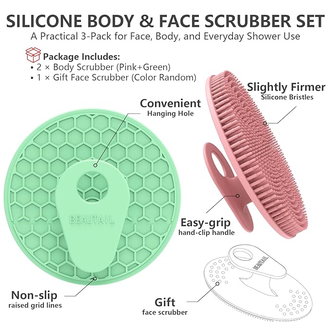 Silicone Body and Face Scrubber Set 3 Pack, BEAUTAIL Shower Bath Scrubber, Gentle Exfoliating Brush for Women Men Baby Sensitive Skin, More Hygienic Than Traditional Loofah, Long Lasting, Pink+Green