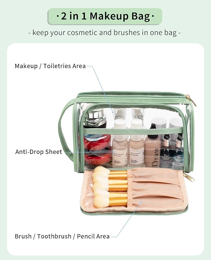CUBETASTIC Clear Cosmetic Bags, Transparent Plastic Makeup Zipper Pouch Travel Makeup Up Organizer Case, Portable Cute Small Toiletry Bag with Handle and Side Compartment, Green