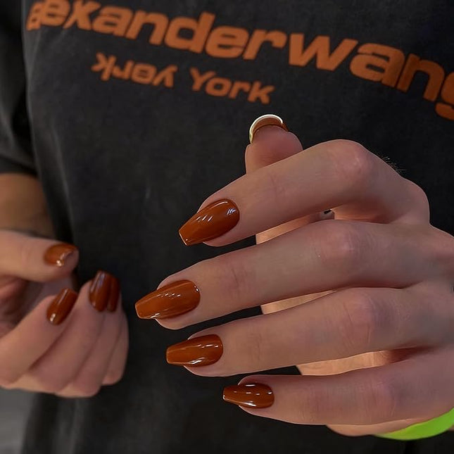 Caramel Press on Nails Medium Coffin Fake Nails Press ons, KXAMELIE Full Cover False Nails Tips Medium Length Glue on Nails Natural Thick Long Acrylic Nails 24Pcs Solid Color Coffin Nails for Women
