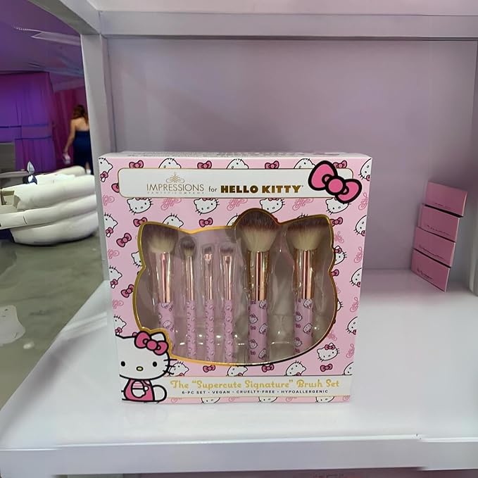 Impressions Vanity Hello Kitty Supercute Signature 6 PCs Makeup Brush Set, Super Cute Soft Makeup Brushes for Foundation, Face Powder, Make up Blending, Eye Shadow, and Liner Application (Pink)