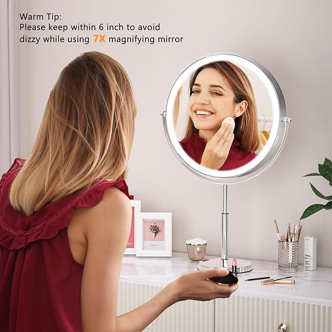 Hasipu 10" Lighted Makeup Mirror with 7X Magnification, Rechargeable Vanity Mirror with Lights, 3 Color Modes, Adjustable Height & 360° Rotation