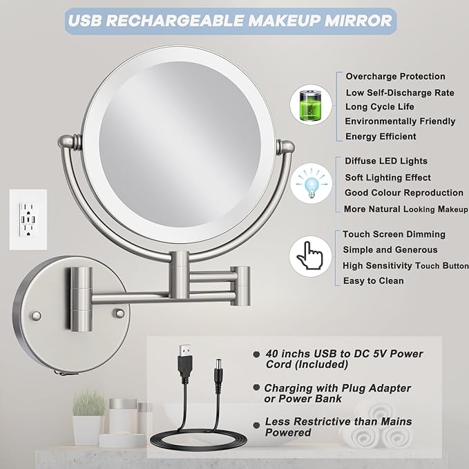 8" Rechargeable Lighted Wall Mounted Makeup Mirror with Magnification, Double-Sided 1X/10X Magnifying Foldable Touch Control 360 Swivel Extendable Arm for Bathroom, Brushed Nickel