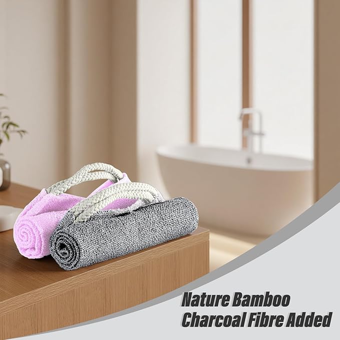 Inmorven Exfoliating Back Scrubber with Handles, Nylon Back Exfoliator, Two Sides Stretchable Pull Strap Shower Deep Cleans Skin Massages Invigorating Blood Circulation for Women Men Body (Dark Gray)