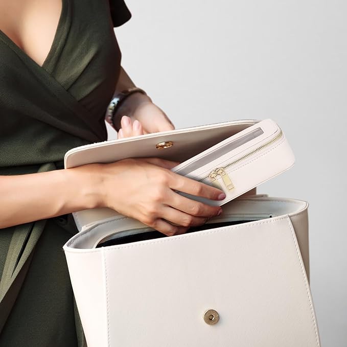 Pinkmik Clear Makeup Bag with Brush Bag Portable Cosmetic Bag Case Travel Toiletry Bag Car Essential for Women (Beige, L+SLIM)