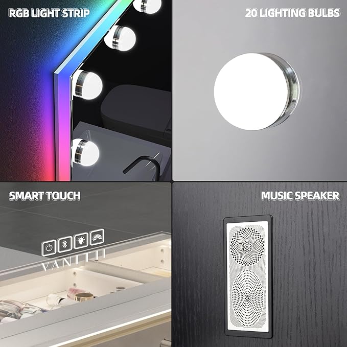 VANITII Large Vanity Mirror with RGB Lights 40"x32" Hollywood Mirror with Lights and Speaker Lighted Makeup Mirror with 20 LED Bulbs Dimmable Smart Touch Mirror for Desktop Wall-Mount