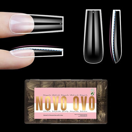 NOVO OVO Long Square Nail Tips NATURAL (Not SCULPTED) for Flat Nail Beds, Extra Thick L Length False Nails Press on, Full Cover Soft Gel Fake Nail Extension, Salon DIY x 15 Sizes 450 pcs