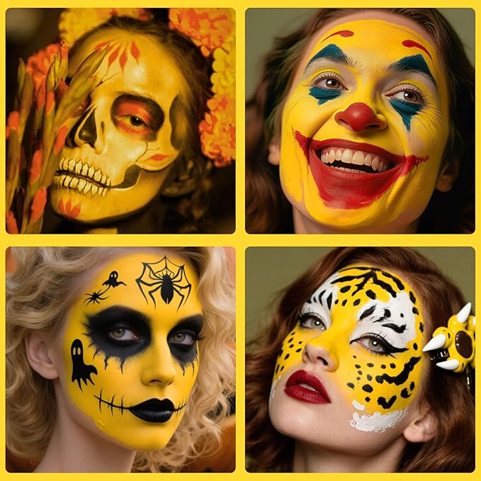 Yellow Cream Face Body Painting Foundation, Professional Full-coverage Oil Based Yellow Face Paint Halloween SFX for Clown Skeleton Lion Tiger Adult Costume Party & Stage Performance