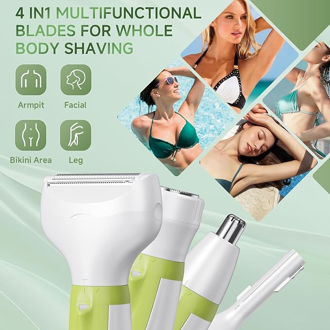 Electric Razors for Women, 4-in-1 Painless Shaver for Face, Bikini, Body & Underarms, Waterproof Cordless Foil Shaver for Wet/Dry Use with LED Light, USB Charging, Travel Bag