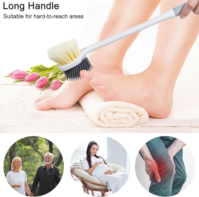 Foot Brush for Shower, Toe Scrubber Brush Long Handle 13.78”, 2 in 1 Silicone and Soft Bristle Brushes for Toe Gap Cleansing and Scrubbing, Skin Exfoliation, Seniors, Adults, Grey