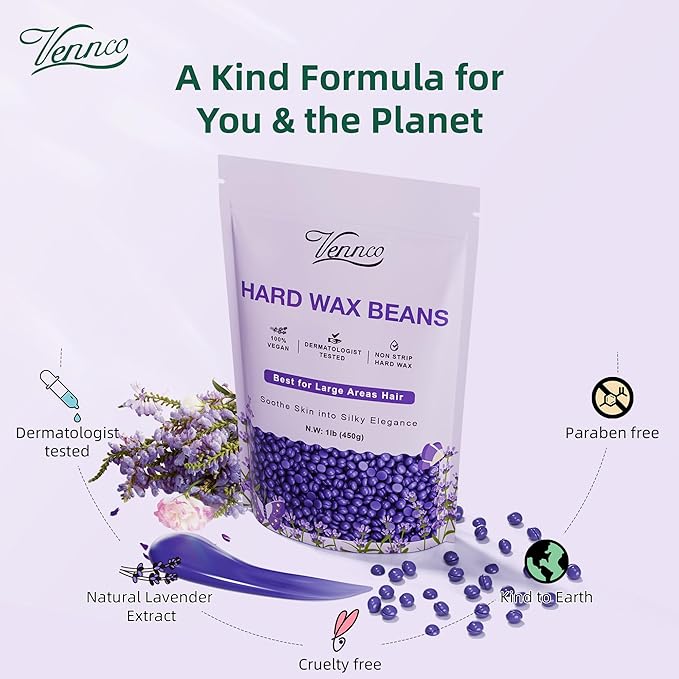 Hard Wax Beads, 1lb Wax Beans with Lavender Essence, Gentle on All Skin Types, Suitable for Legs, Back, Chest, and Bikini, Waxing Beads Refill for Easy Hair Removal at Home