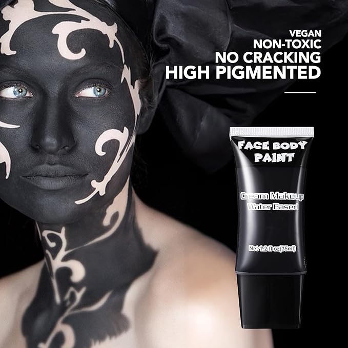 Black Face Paint, Water Based Full Body Paint Halloween Makeup,Cream Face Paint & Body Paint For Adults Skull Joker Vampire Skeleton SFX Cosplay Costumes 1.2 fl oz (35ml)