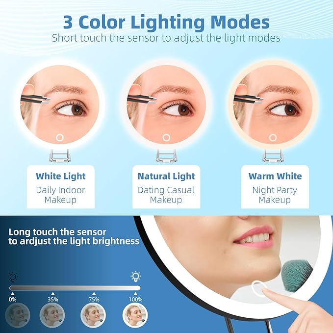 10X Magnifying Mirror with Lights, 6inch Makeup Magnifying Mirror 10X Lighted Magnification with Adjustable Stand & 3 Suction Cups - for Detailed Makeup,Shaving,Blackhead Blemish Removal