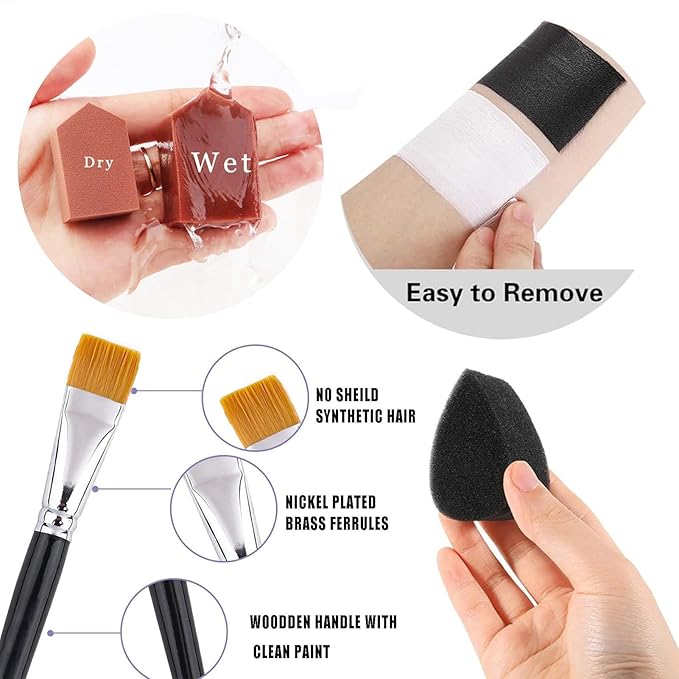 Black + White Face Body Paint, Water-Based Face Painting Kit Professional, Large Capacity SFX Makeup Set with brush & Powder puff, Sponge for Halloween Makeup Clown, Cosplay, Stage, Art Theater