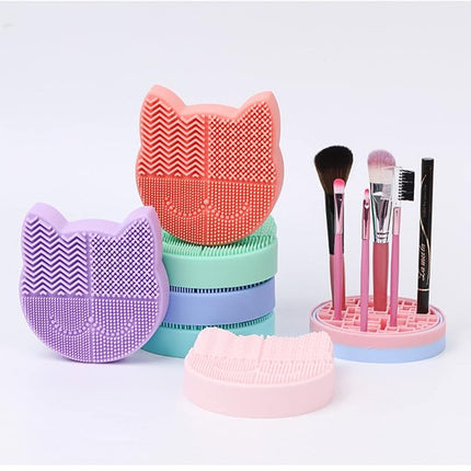 Silicon Makeup Brush Cleaner Mat with Portable Cat Shaped Cosmetic Brush Cleaning Pad Holder - Blue