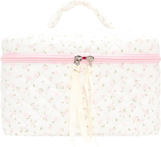 Quilted Makeup Bag Large Travel Zipper Soft Cosmetic Case for Women Girls Make Up,Little Flower Pink