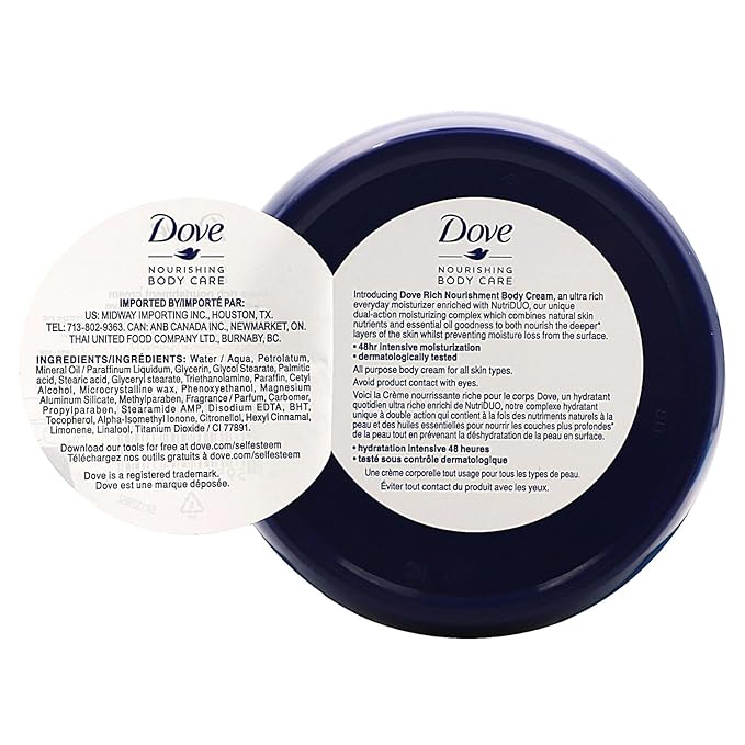 Dove Nourishing Body Care, Face, Hand, and Body Rich Nourishment Cream for Extra Dry Skin with 48-Hour Moisturization, 4-Pack, 2.53 Oz Each Jar