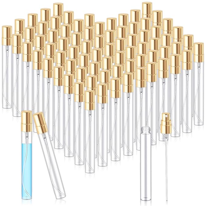 Zhehao 10 Pcs Mini Spray Bottles 10 ml Clear Glass Perfume Bottles Refillable Fine Mist Perfume Atomizer Portable Empty Sample Containers for Cleaning, Essential Oils, Travel (Gold Cap)