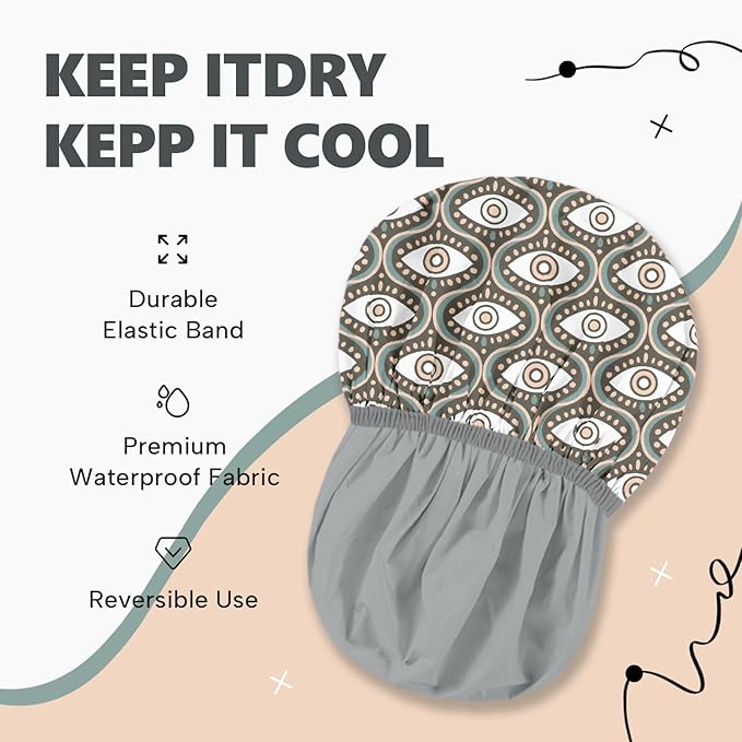 Years Calm Evil Eye Shower Caps for Women Reusable Waterproof, Pattern and Solid Color Dual-Layer Design, Hair Cap for Shower with Elastic Band, Fits Braids, Dreadlocks & Long Hair (Gray)