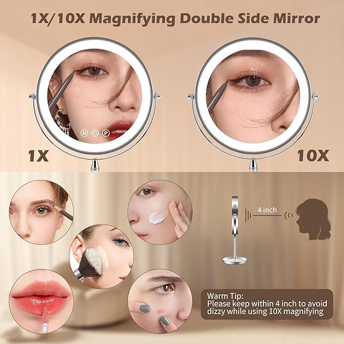 9" Large Lighted Makeup Mirror, 1X/10X Magnifying Makeup Mirror with 3 Colors Dimmable Lightning, 80 LED Lights, 360°Rotation Double Sided Standing Vanity Mirror