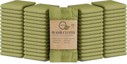 Softolle 100% Cotton Washcloths 60 Pack (12x12 Inches) Soft, Highly Absorbent Washcloth, Face Towels, Wash Cloths for Face, Ring Spun, Bulk Pack (Sage Green)